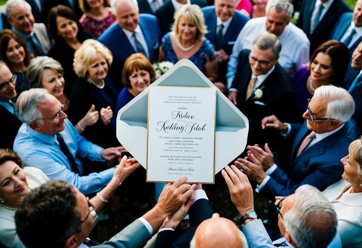 A wedding invitation surrounded by a large group of people, some of whom are older and others who appear to be younger