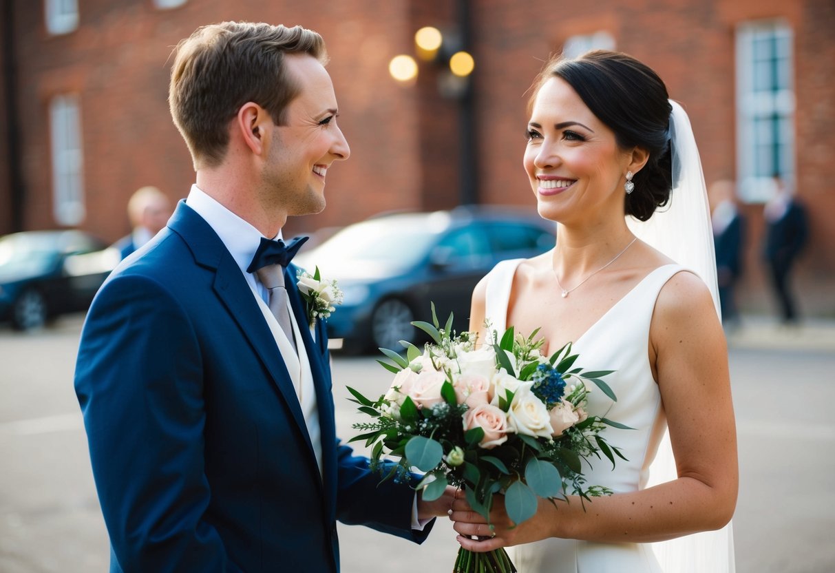A woman in a formal dress stands next to the groom, smiling and holding a bouquet