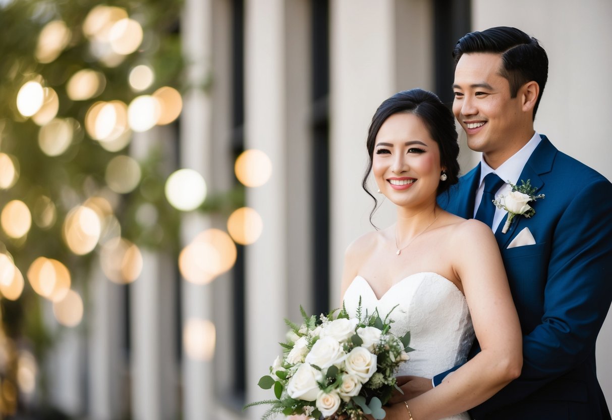 A woman standing beside the groom, holding a bouquet and smiling