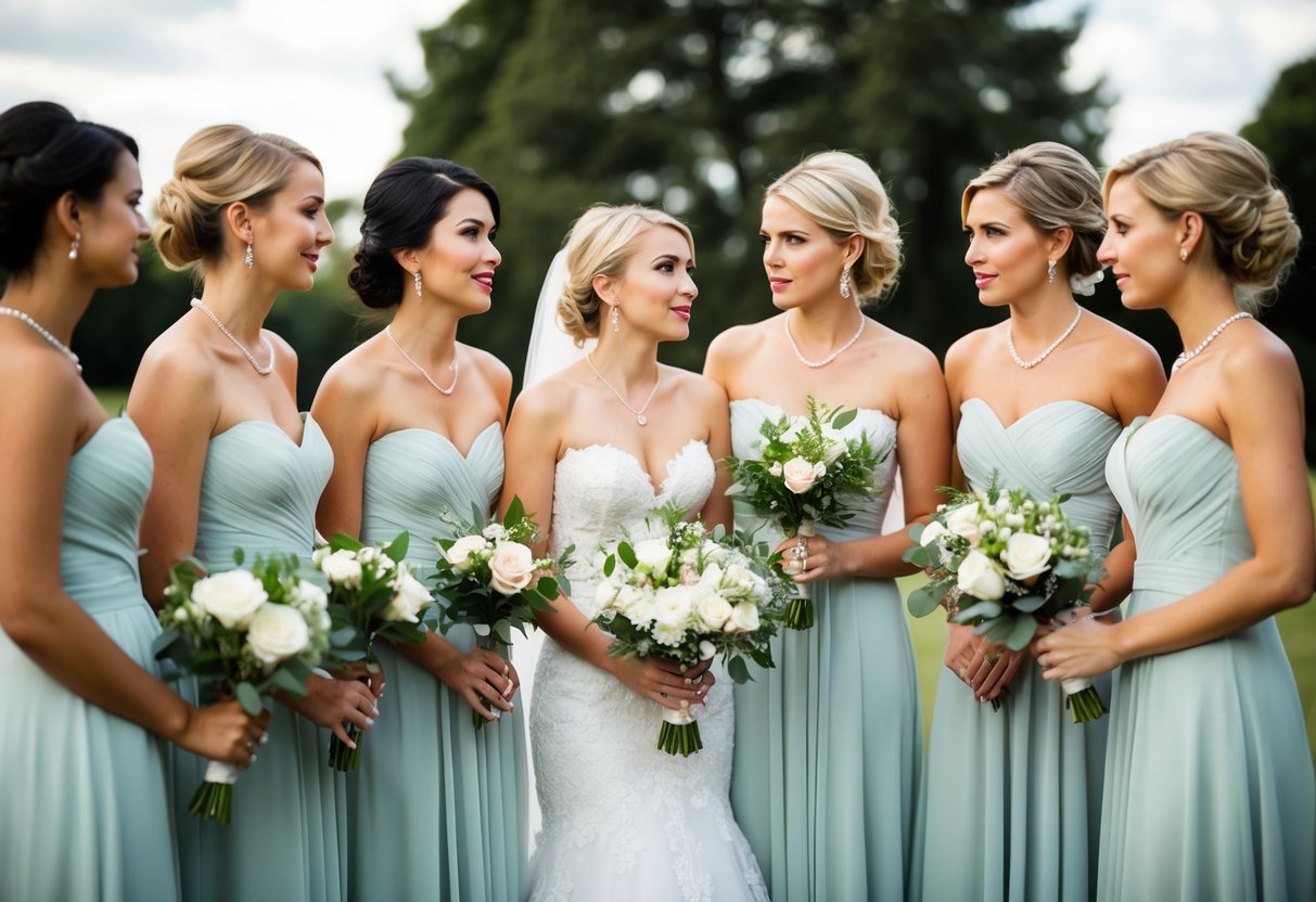A group of women in elegant dresses stand together, holding bouquets and chatting, while a bride looks on with a concerned expression