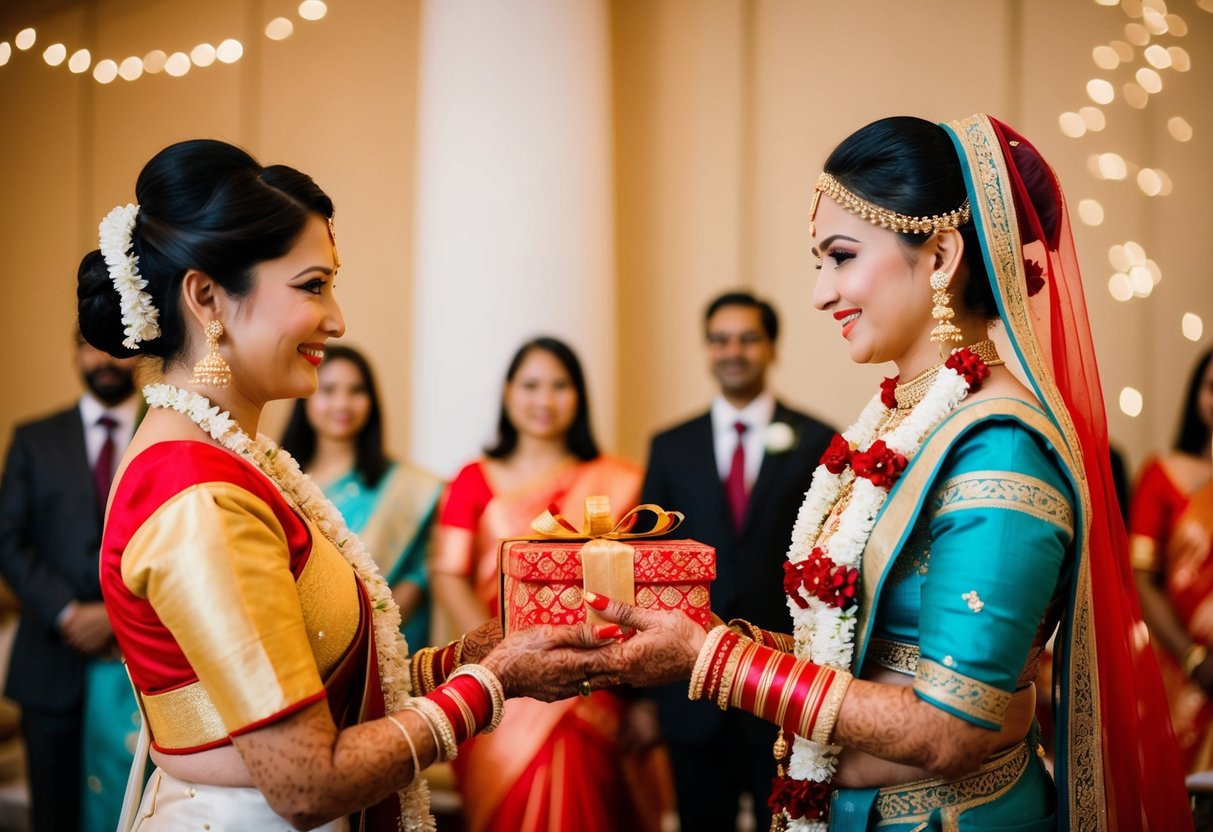 A woman in traditional attire presents a ceremonial gift to the bride