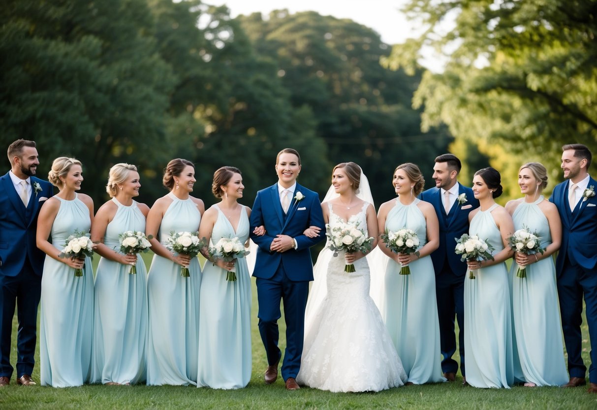 A group of wedding party members standing in a line, with the bride and groom in the center, surrounded by bridesmaids and groomsmen