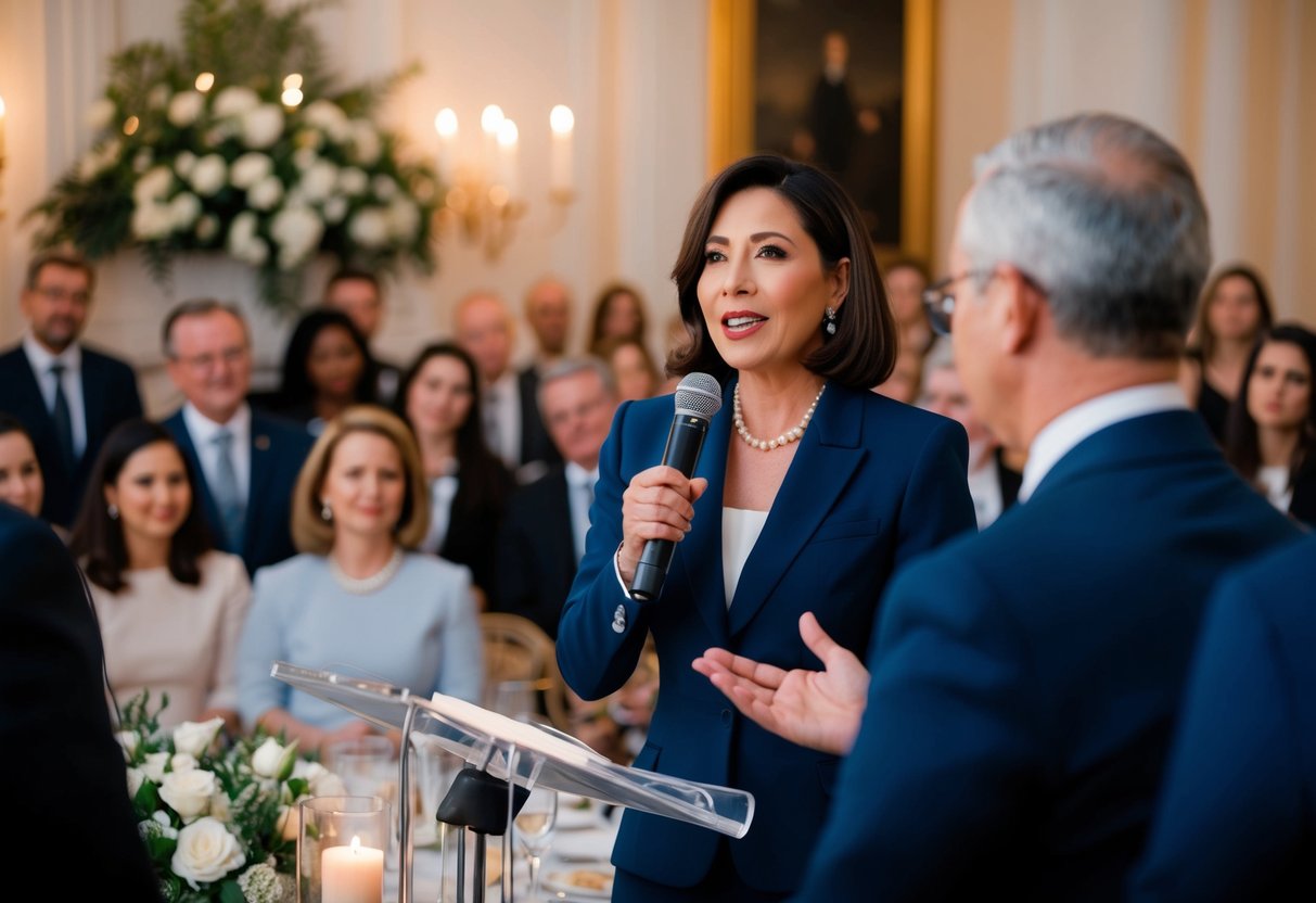 A woman in formal attire addressing a crowd with a microphone, surrounded by elegant decor and guests