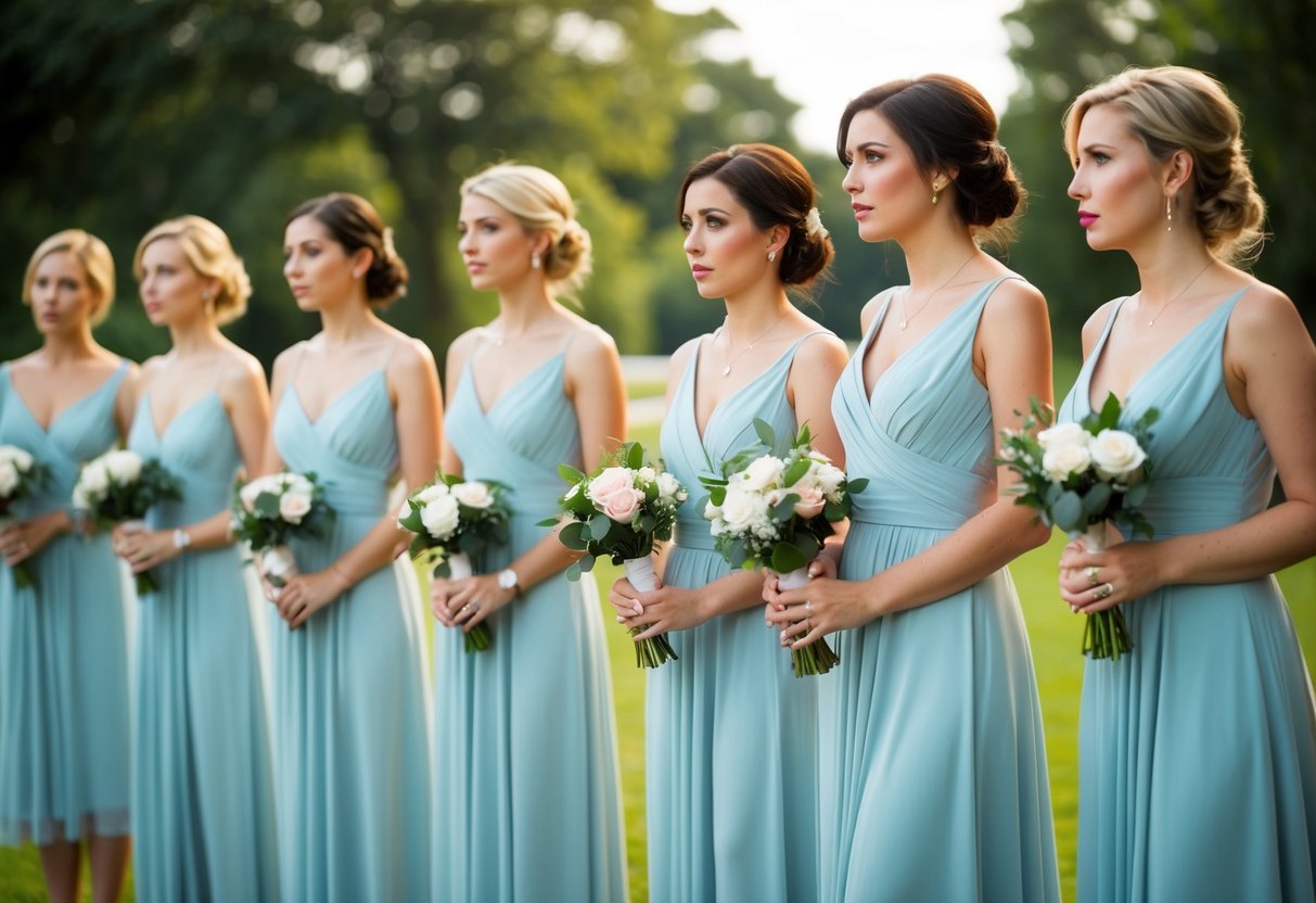 A group of women standing in a line, wearing matching dresses and holding bouquets, while one woman stands slightly apart with a concerned expression