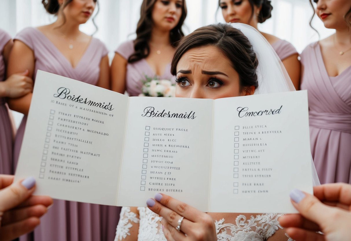 A wedding invitation with a list of bridesmaids' names and a concerned expression on the bride's face