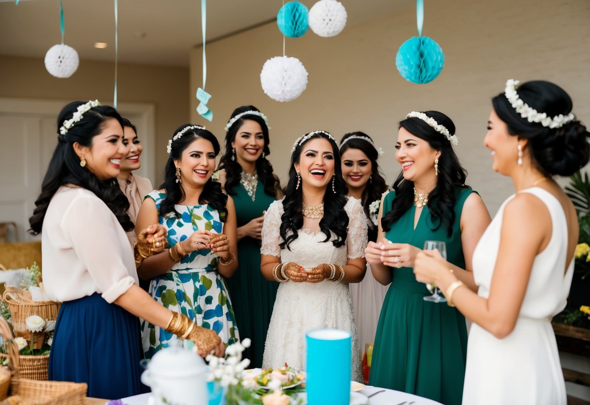 A group of women gather for pre-wedding celebrations, laughing and chatting while preparing decorations and activities