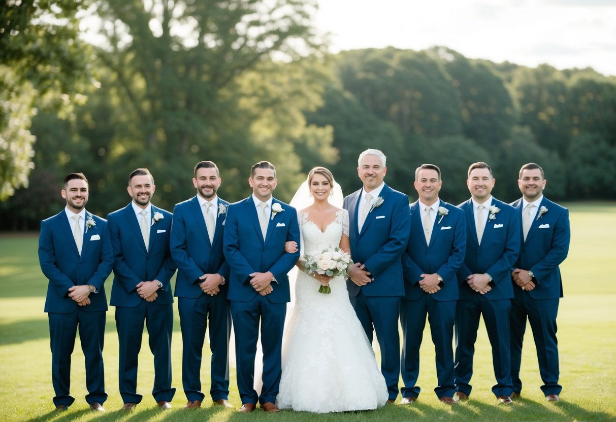 A group of wedding attendants standing together, with the father of the bride dressed in the same attire as the groomsmen