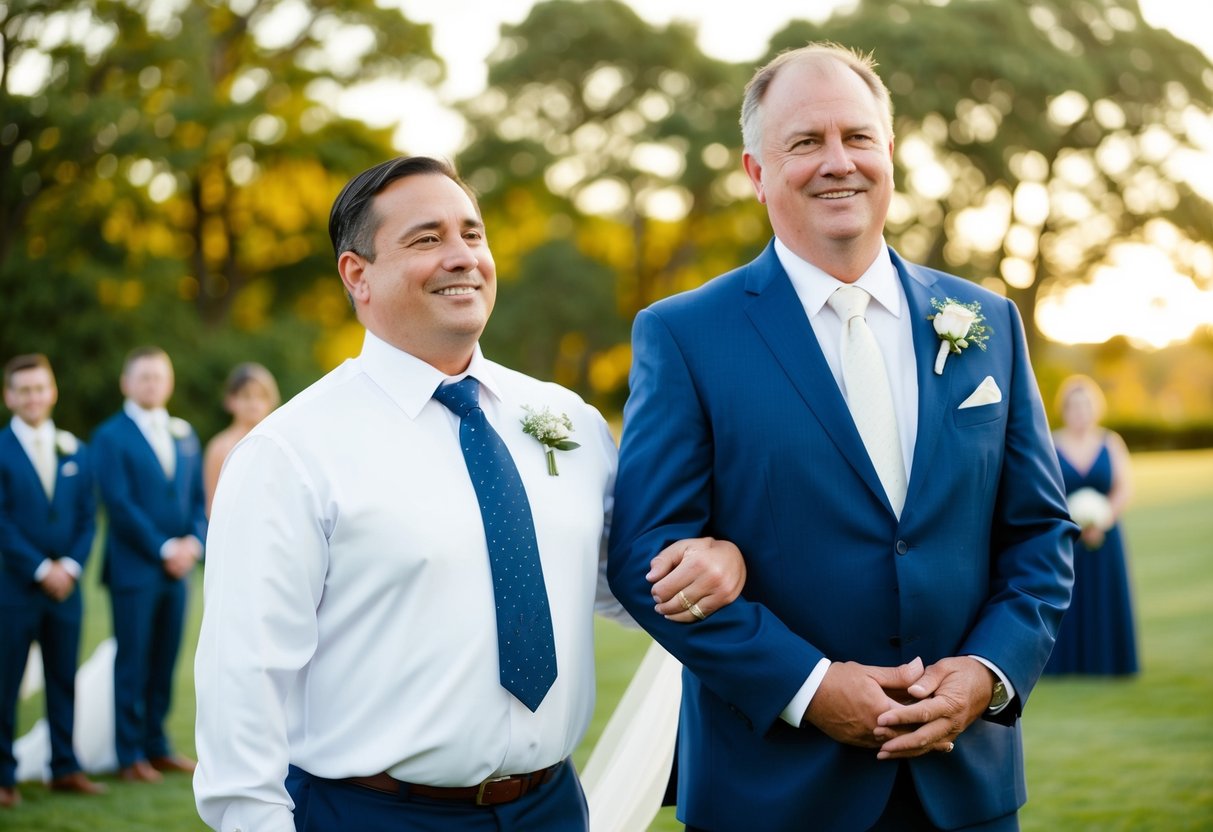 A father stands proudly beside the groom, symbolizing support and unity in the wedding party