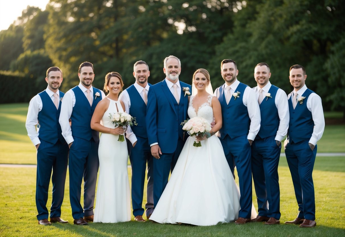 A group of wedding party members standing together, with the father of the bride included as one of the groomsmen