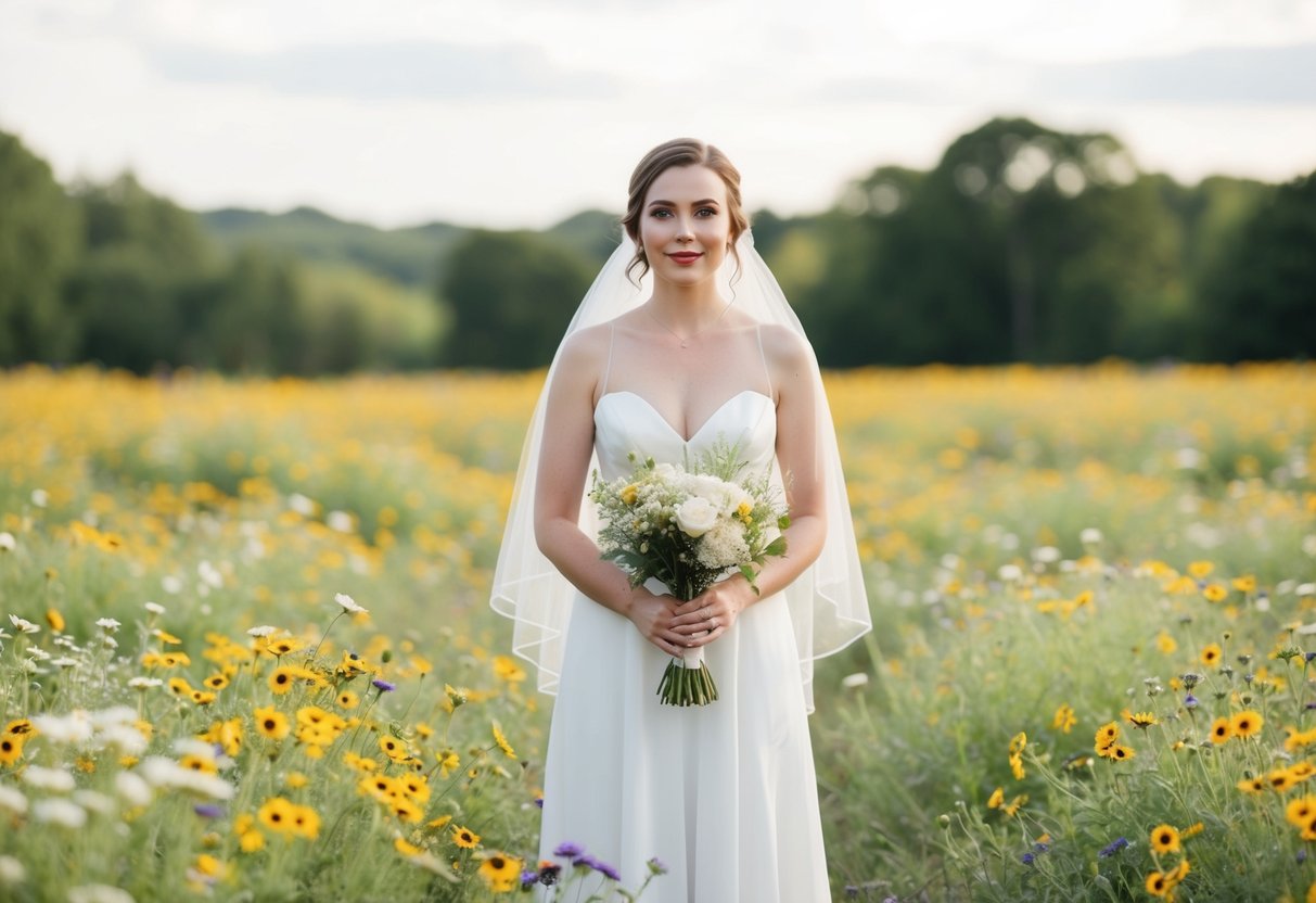 A bride standing alone in a field of wildflowers, with a serene expression and a sense of independence