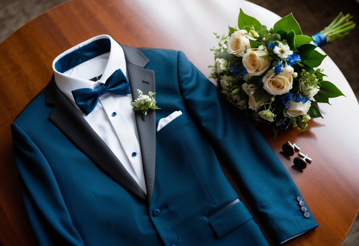 A tuxedo jacket and bowtie laid out next to a bouquet of flowers and a pair of cufflinks on a polished wooden surface