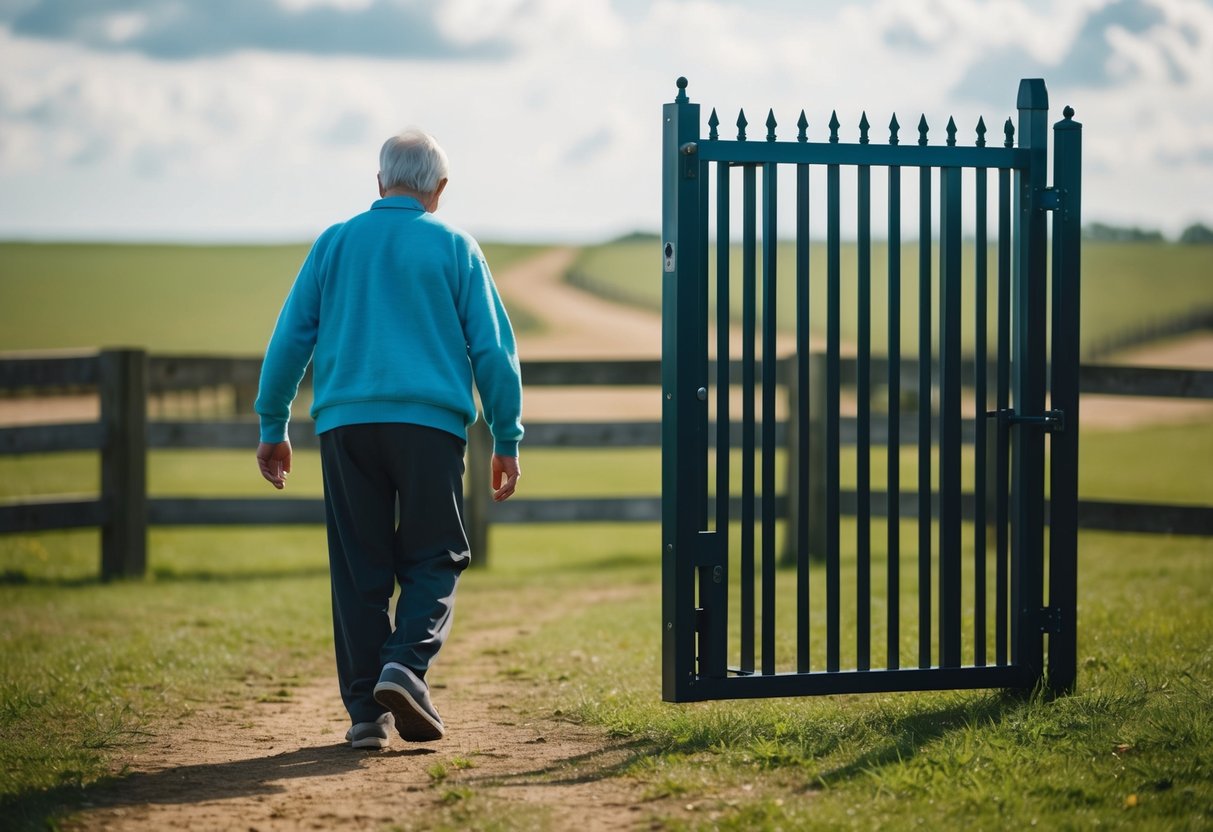 A figure with cognitive impairment wanders near an open gate