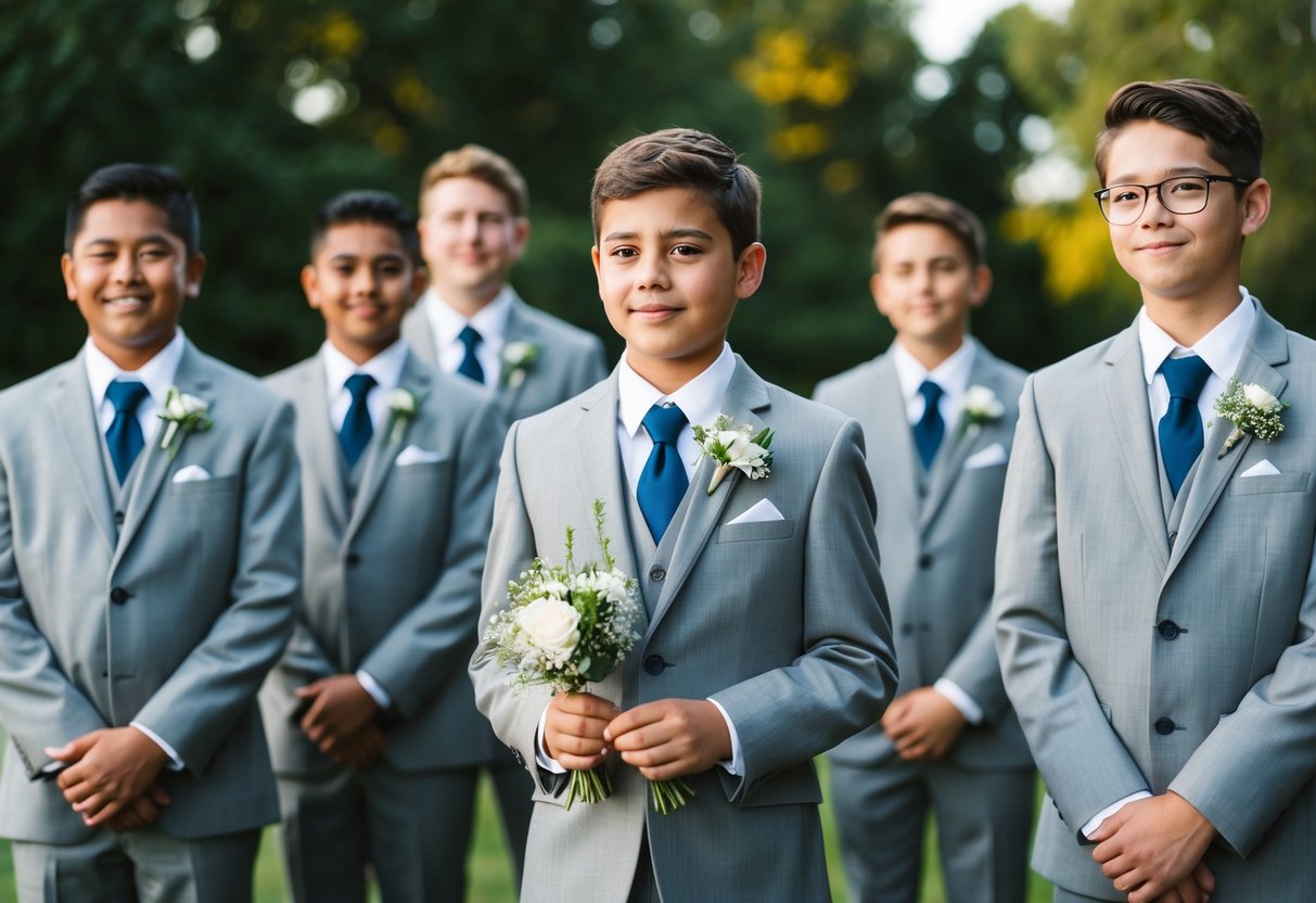 A 13-year-old in a tailored suit stands among a group of groomsmen, holding a small bouquet or boutonniere