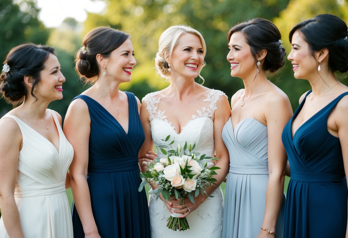 A group of women in elegant dresses, standing together at a wedding, with one woman in her 40s smiling and holding a bouquet