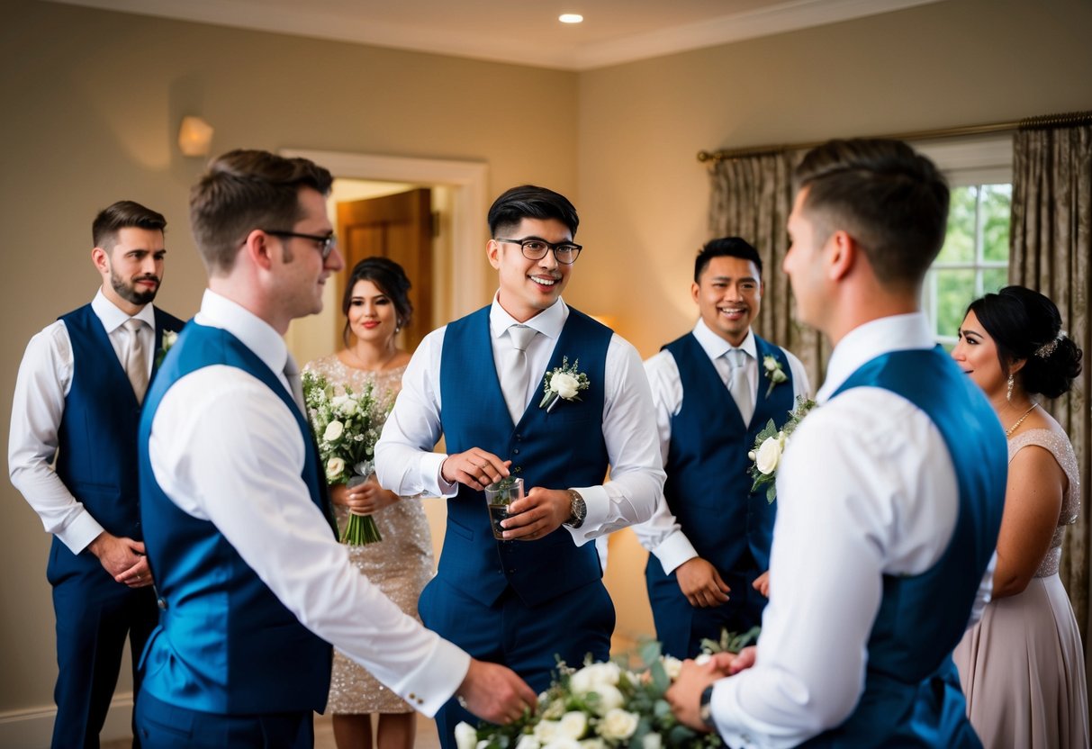 A group of people prepare for a wedding, with a young groomsman participating in pre-wedding and ceremony activities