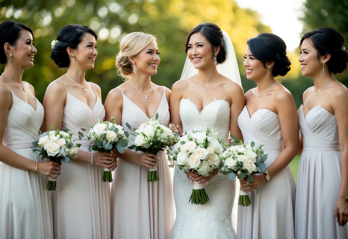 A group of women in elegant dresses stand beside a bride, smiling and holding bouquets as they support her on her wedding day