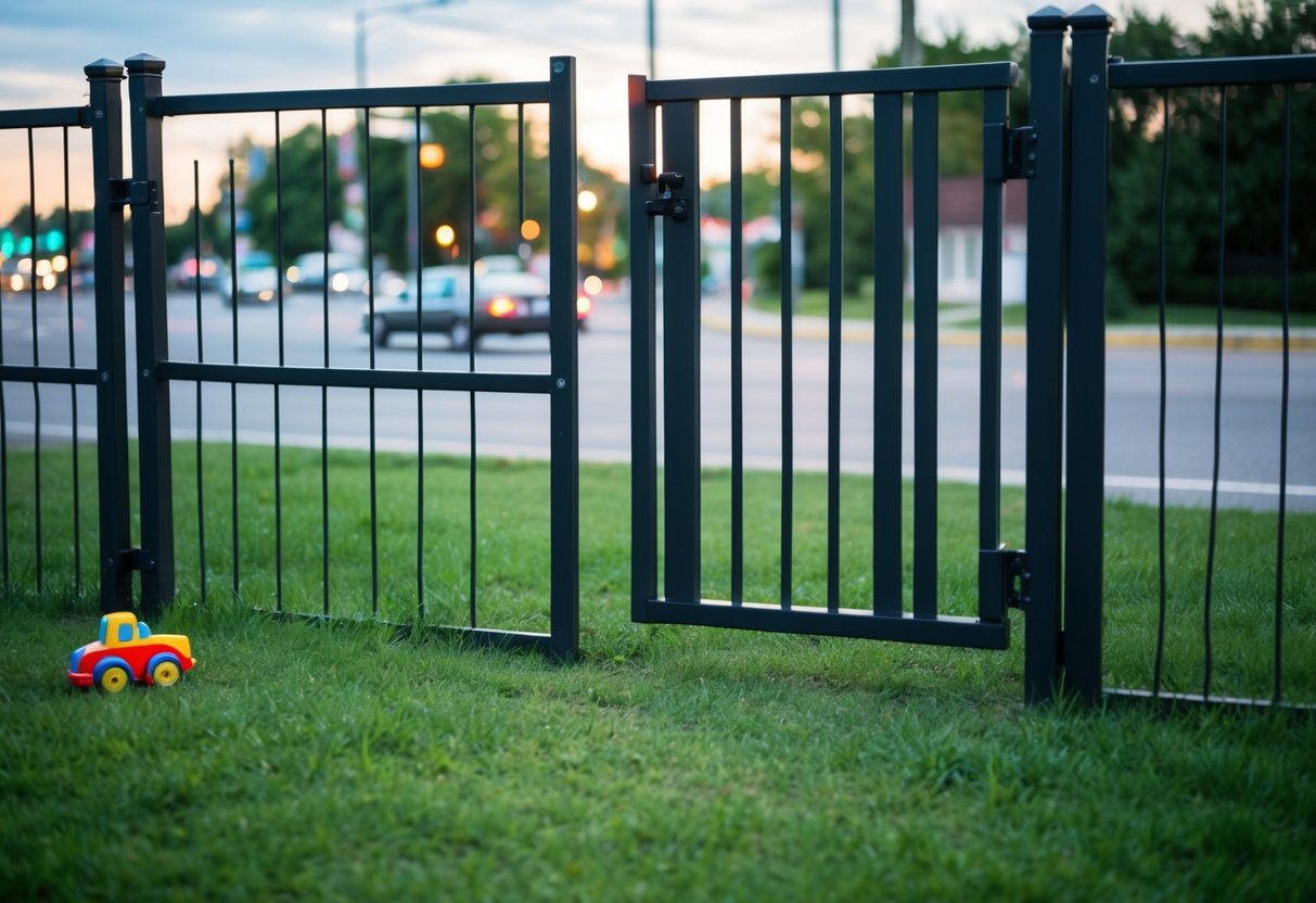 A fenced yard with a gate ajar, leading to a busy street. A child's toy left near the opening