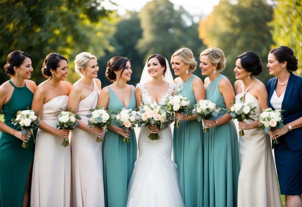 A group of women in elegant dresses and suits, holding bouquets and smiling, gather around a bride in a beautiful outdoor setting