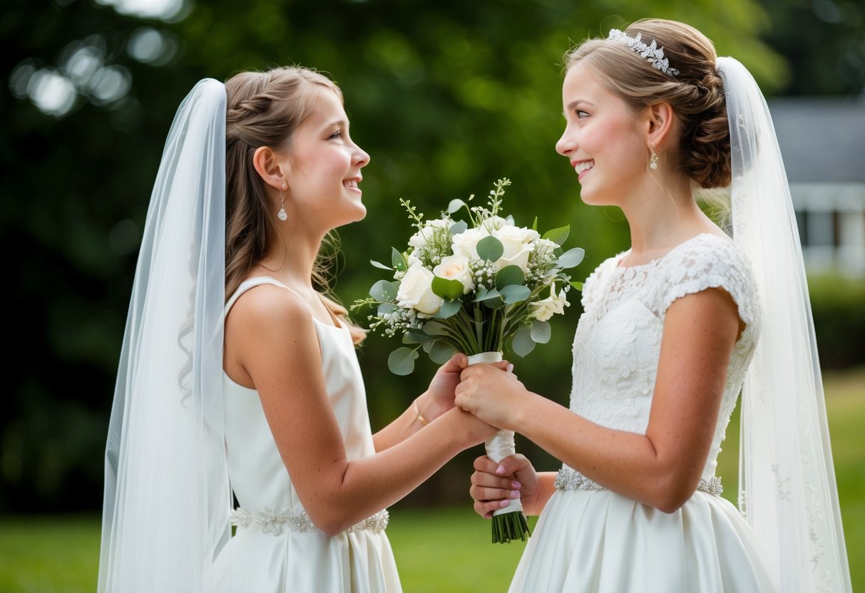 A 14-year-old girl stands next to a bride, holding her bouquet and adjusting her veil. She looks up at the bride with a smile, radiating happiness and support