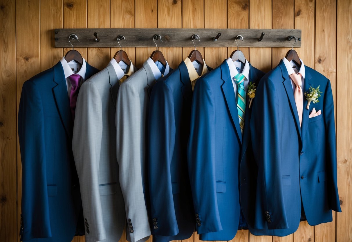 Seven suits hanging on a rustic wooden wall rack, each with a different colored tie and boutonniere, ready for a wedding