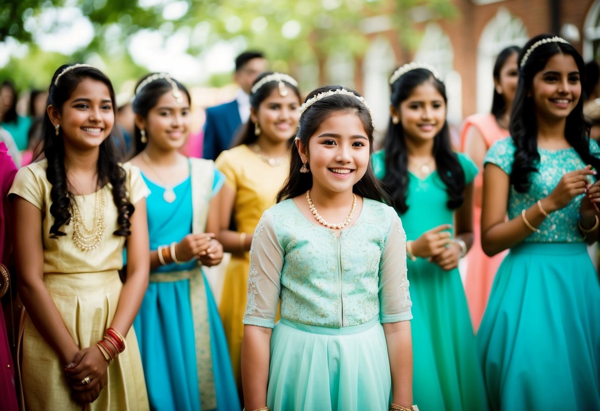 A group of young girls happily participate in pre-wedding events, with a 14-year-old standing out as the center of attention