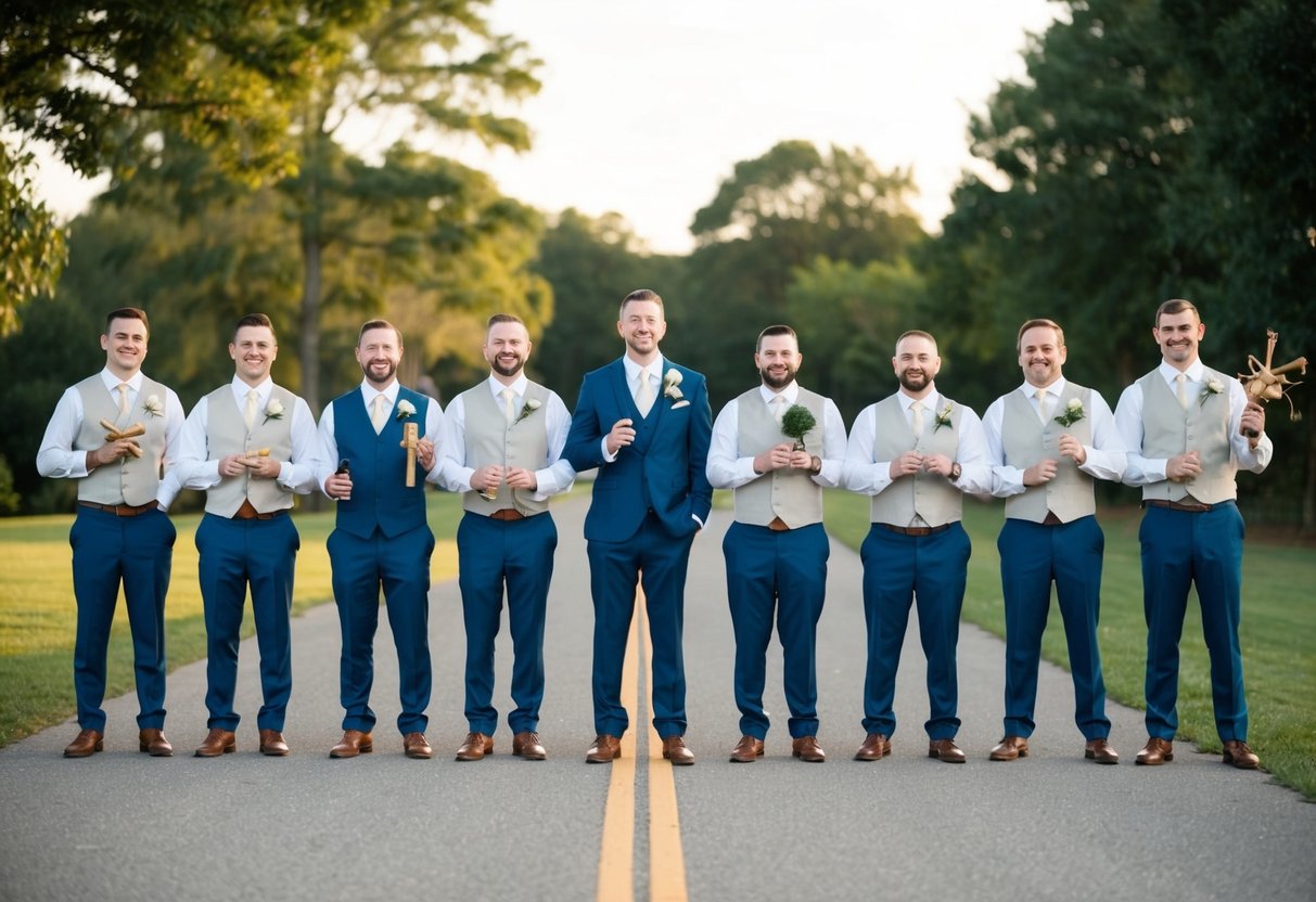 Seven groomsmen standing in a line, each holding a different prop representing their individual personalities. They are arranged in a semi-circle, with a clear focus on their camaraderie and unity