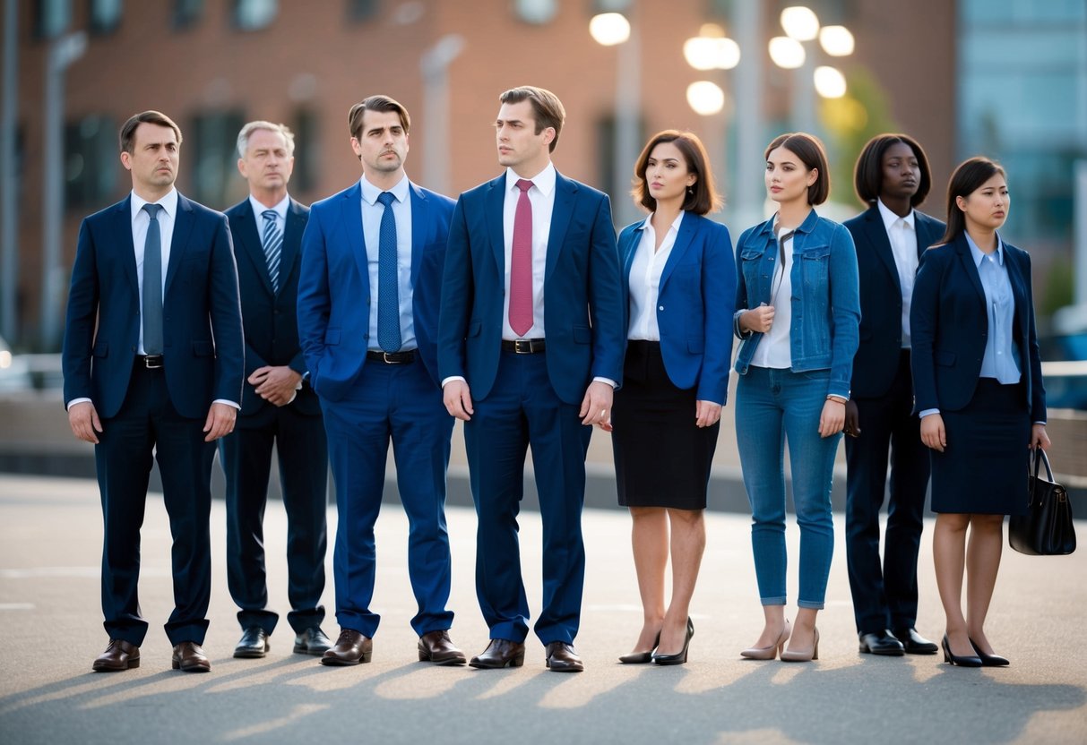 A group of figures stand in a line, some wearing suits, others in casual attire. One figure stands apart, looking uncertain