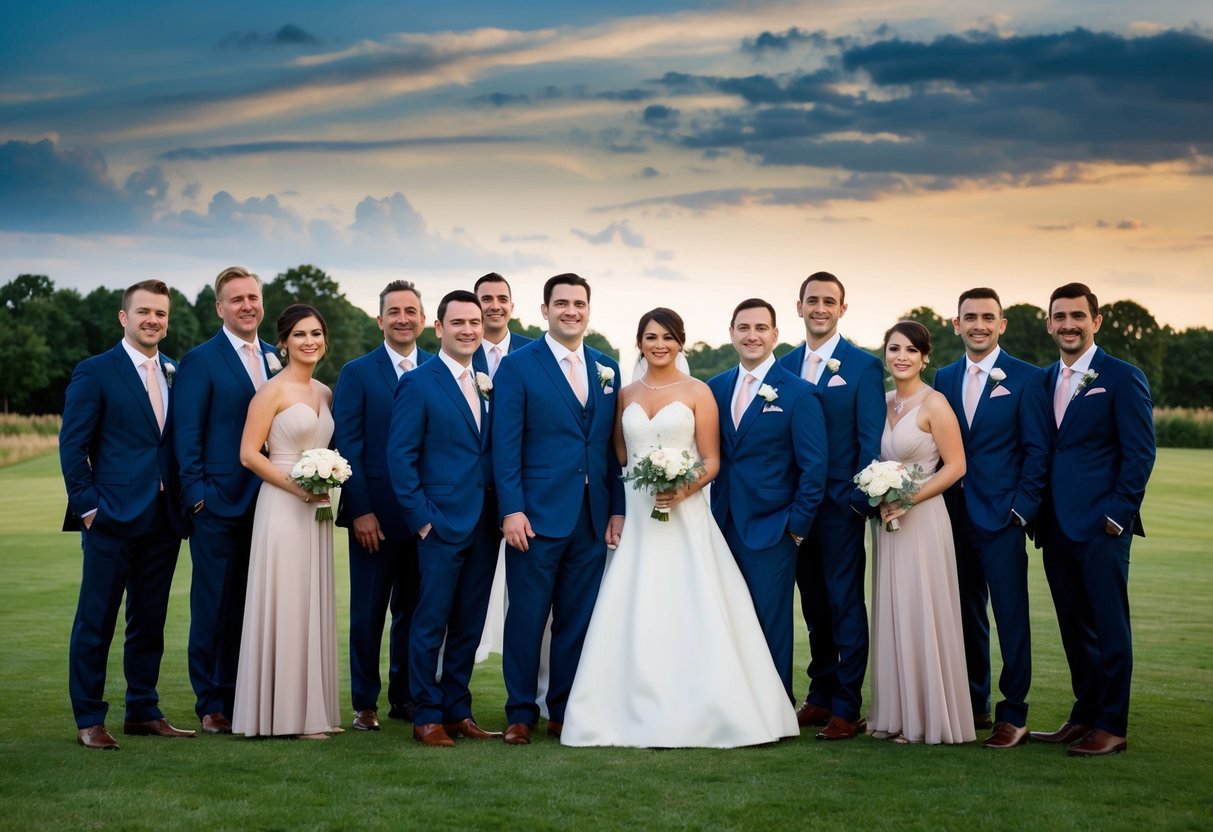 A group of people standing together in formal attire, with some individuals positioned slightly apart from the main wedding party