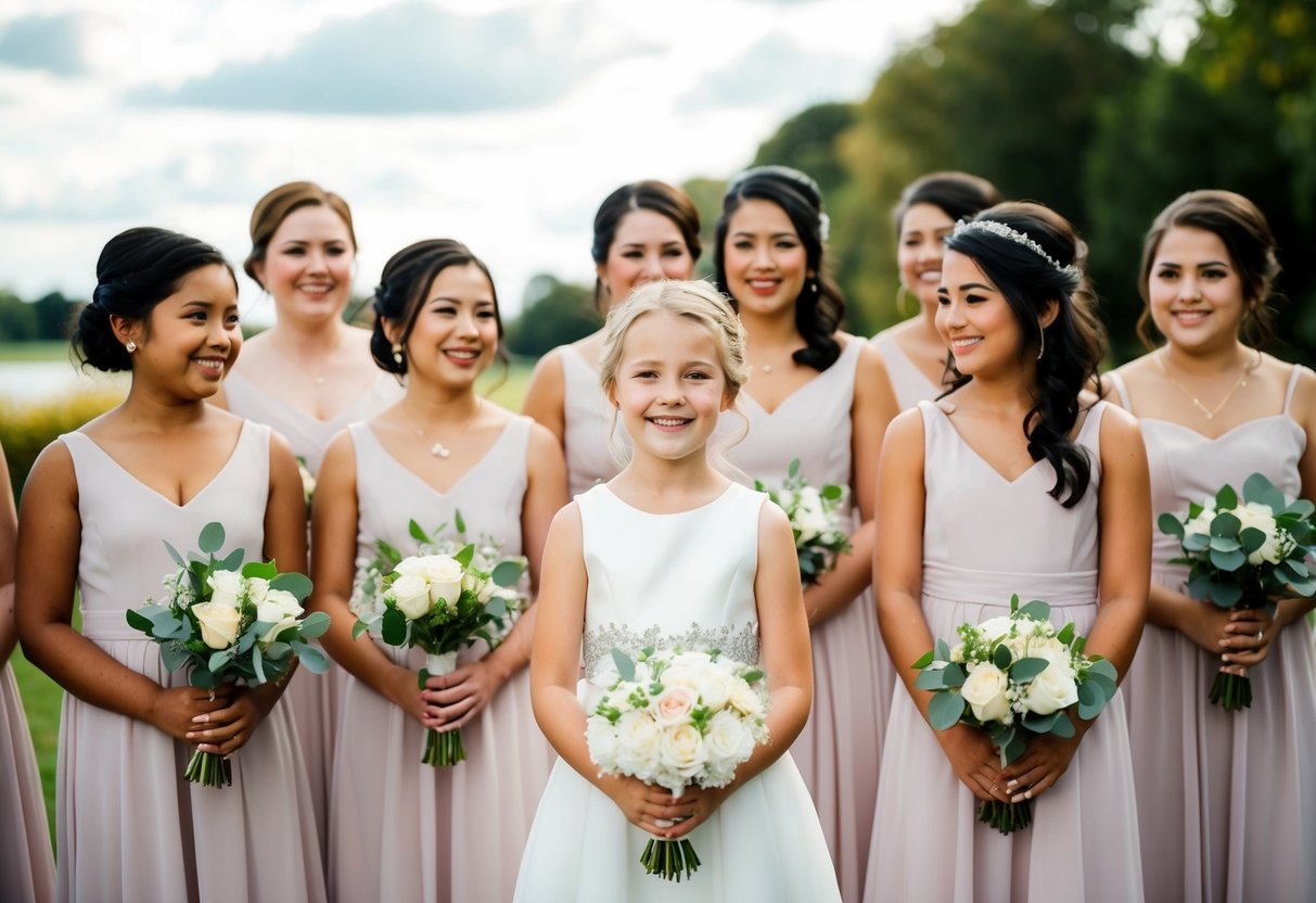 An 11-year-old girl stands among a group of bridesmaids, wearing a matching dress and holding a bouquet. She smiles as she participates in pre-wedding festivities