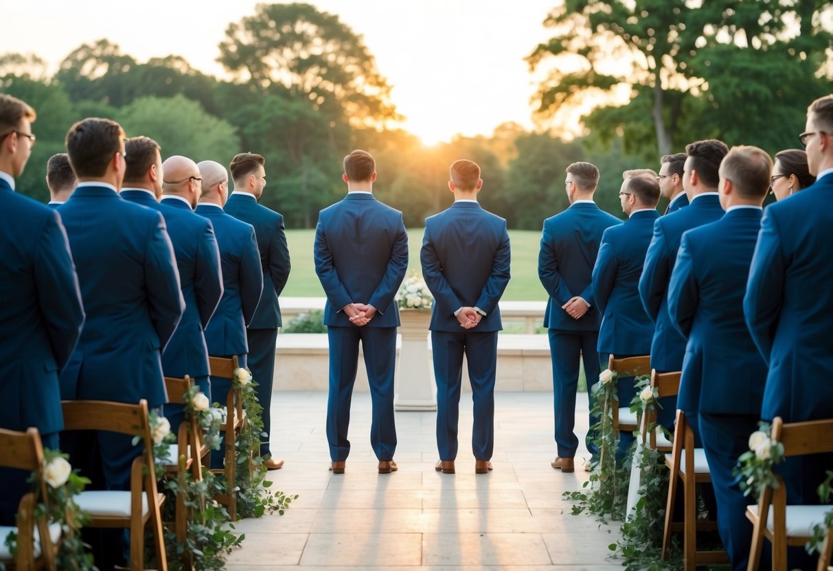 A group of figures stand in a line, dressed in matching suits, facing a serene outdoor ceremony space. The sun sets behind them, casting a warm glow over the scene