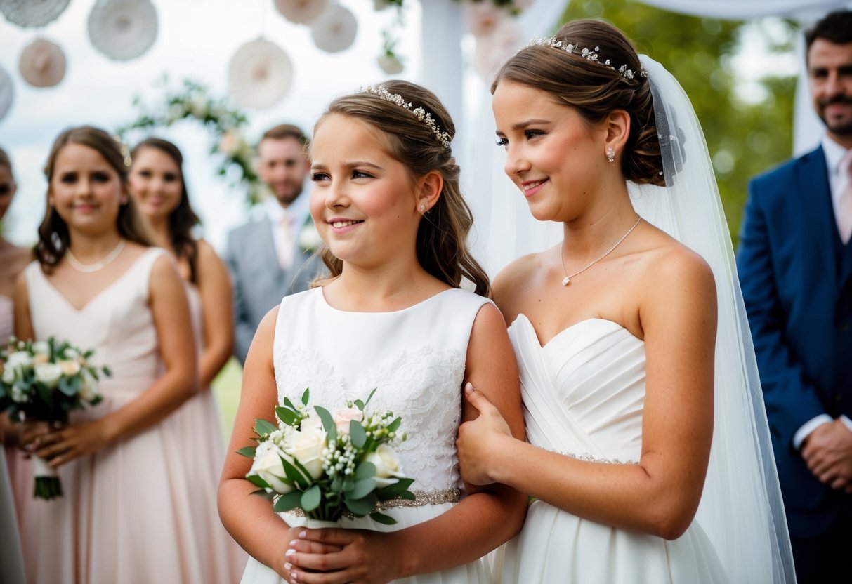 An 11-year-old in a bridesmaid dress holds a bouquet, standing beside a bride with a comforting smile. They are surrounded by wedding decorations