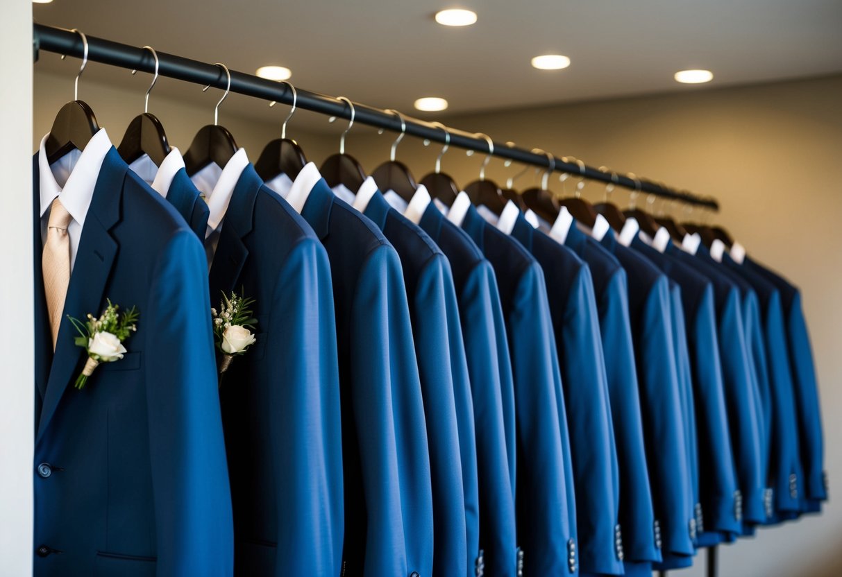 A row of matching groomsmen suits hanging neatly in a row, each with a coordinating tie and boutonniere laid out on a table