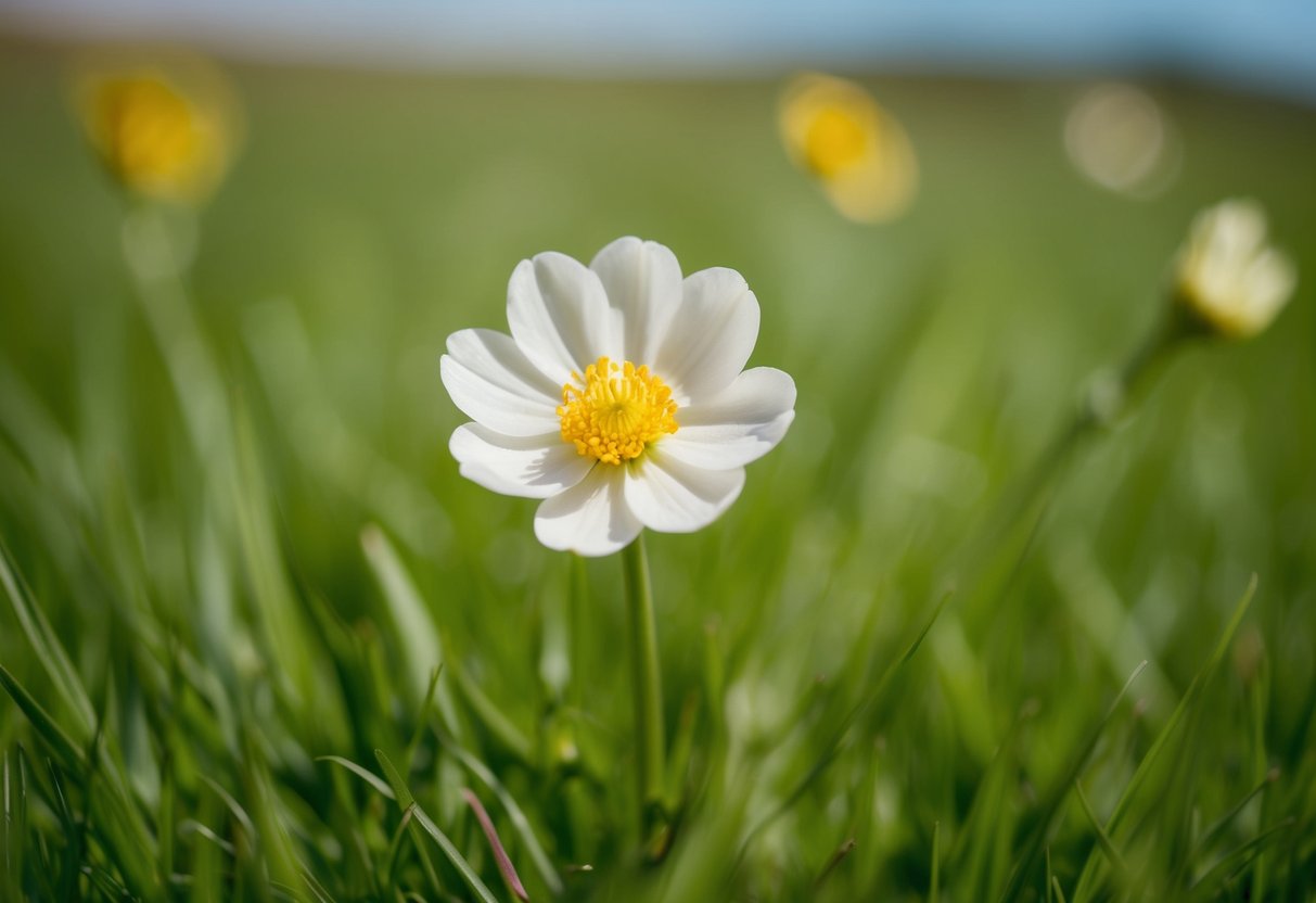 A single flower blooming in a field of green grass