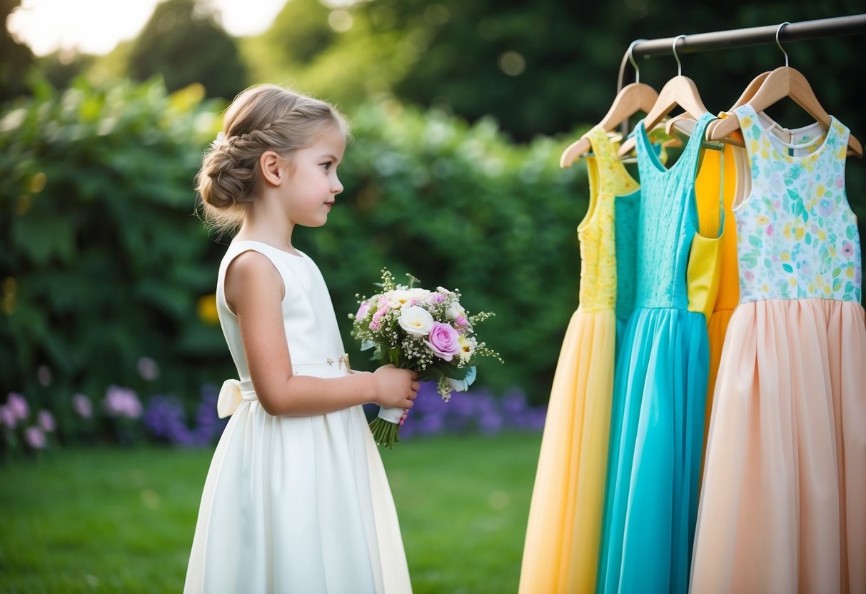 A single flower girl stands in a garden, choosing her attire from a rack of colorful dresses. She holds a bouquet of flowers, looking contemplative