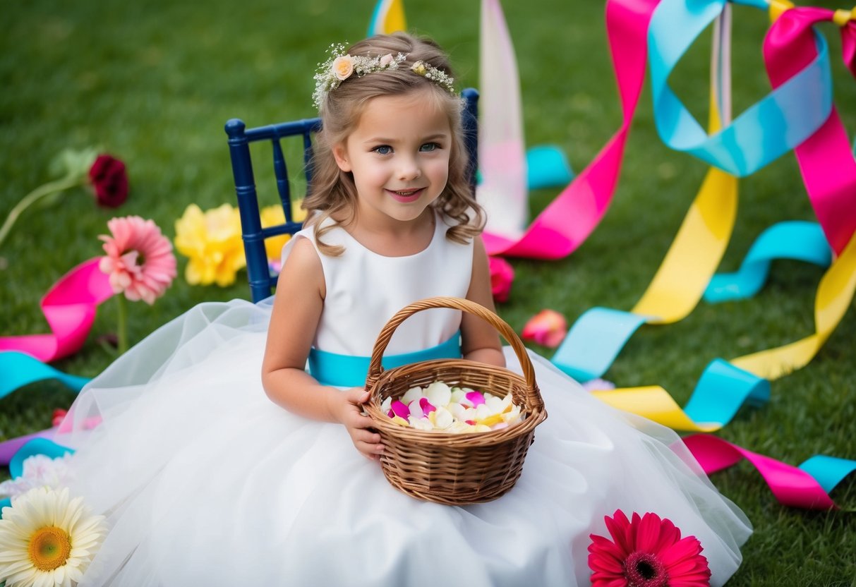 A flower girl's dress and basket of petals sit on a chair, surrounded by colorful ribbons and flowers