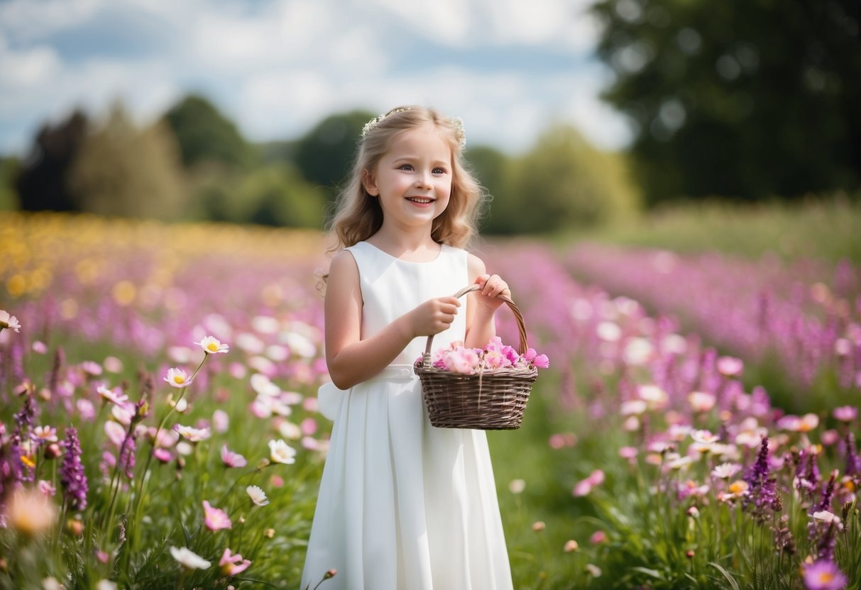 A lone flower girl stands in a field of vibrant blooms, holding a delicate basket of petals, her eyes alight with joy