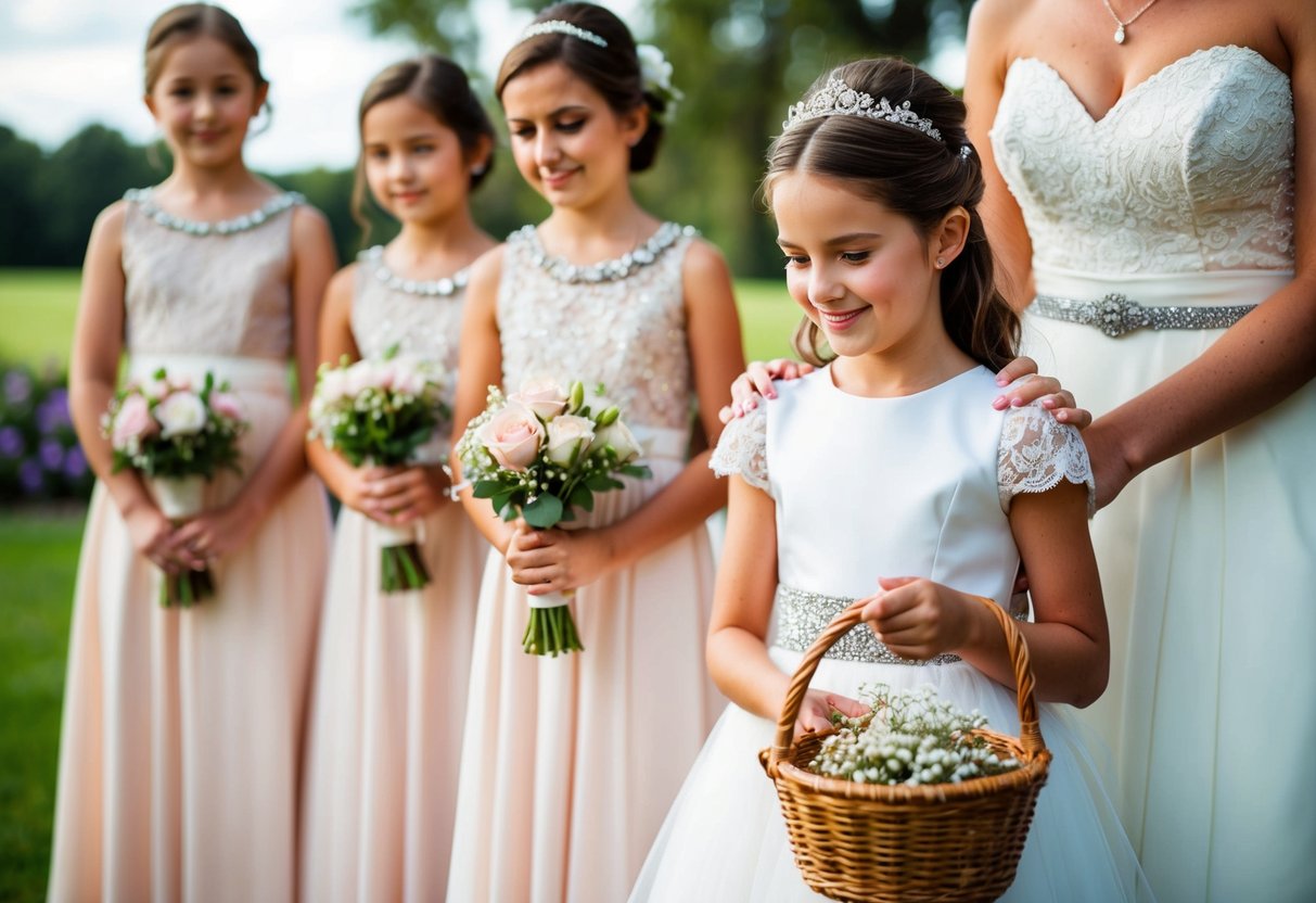 A young girl in a fancy dress stands next to the bride, holding a basket of flowers. The bride smiles down at her, while other bridesmaids look on