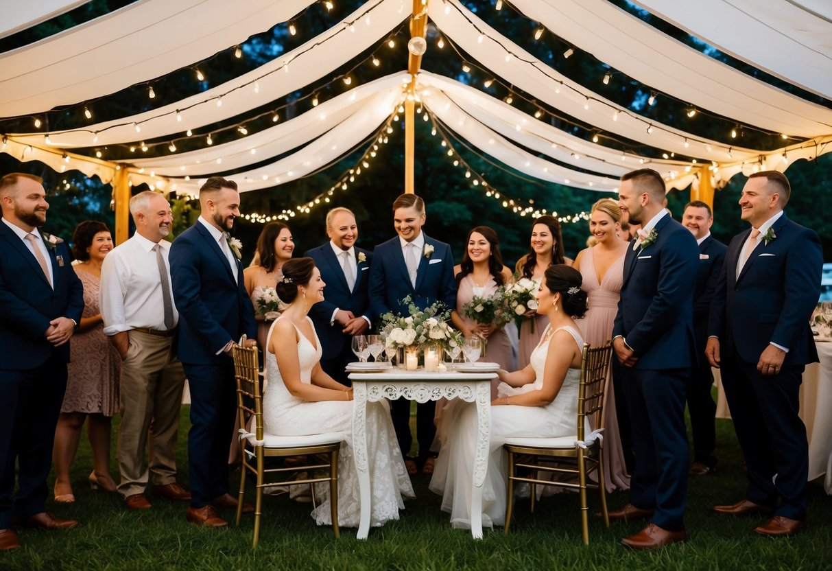 A cozy, intimate wedding setting with a small, decorated table for the bride and groom, surrounded by close family and friends, under a canopy of twinkling lights