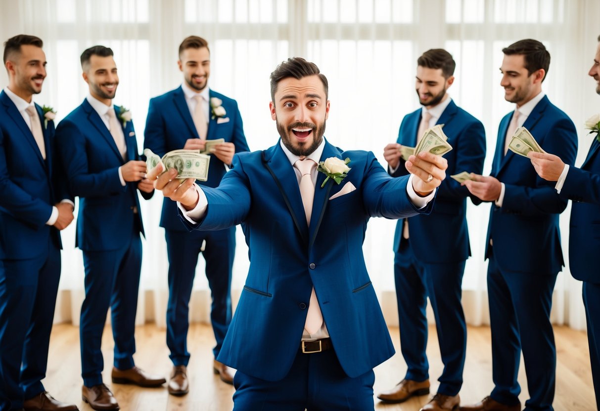 A groom holding out a handful of cash to his groomsmen, who are standing in a group and looking at the money with interest