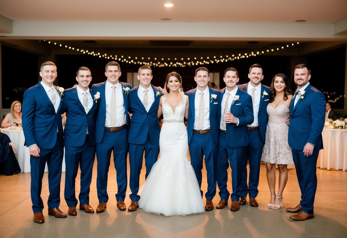 A group of groomsmen standing together, each with a date by their side, at a wedding reception