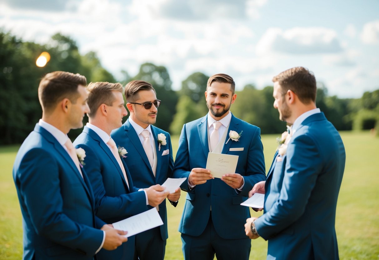 A group of groomsmen discussing their guest list, some holding invitations