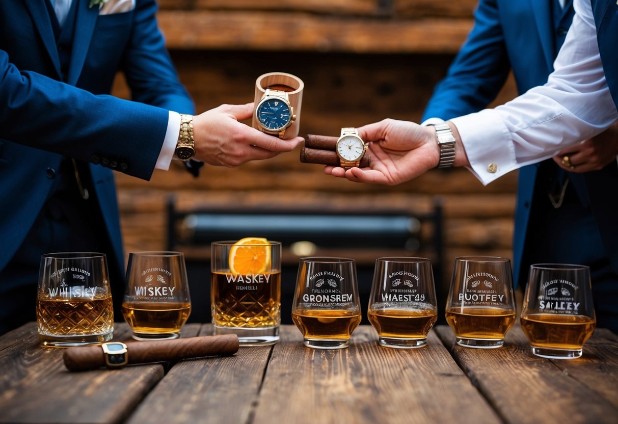 Groomsmen receiving personalized gifts in a rustic setting with whiskey glasses, watches, and cigars displayed on a wooden table