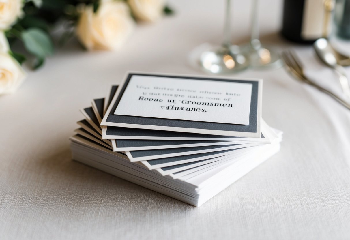 A stack of wedding invitations and RSVP cards with a note about groomsmen plus ones