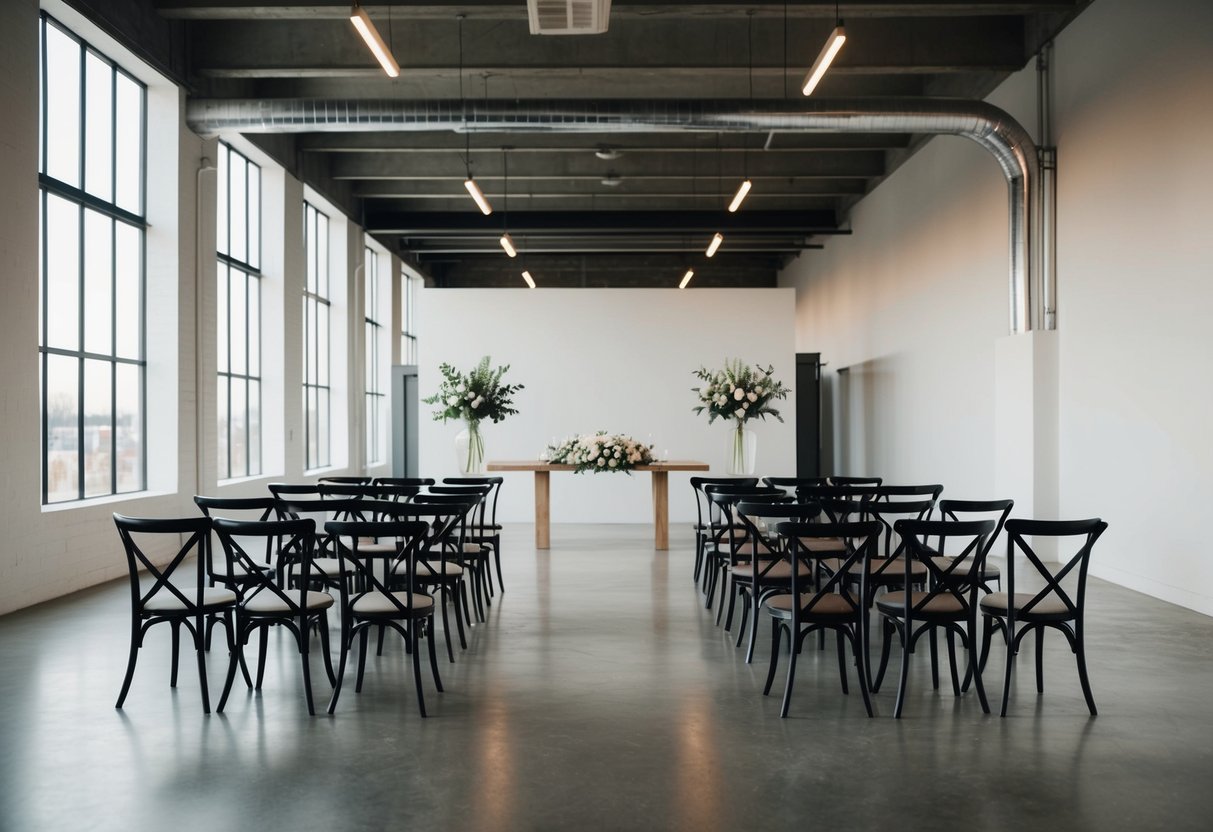 A minimalist, industrial-style wedding venue with unconventional decor and non-traditional seating arrangements