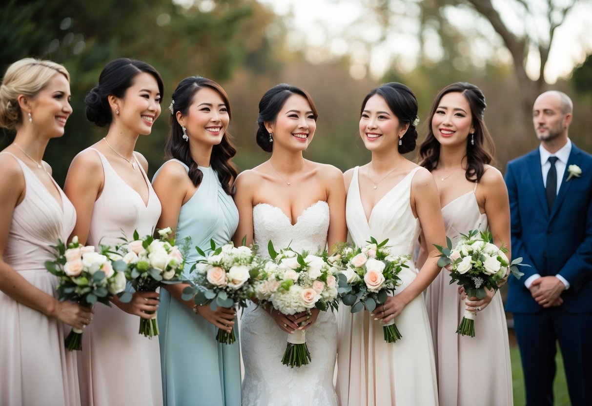 A group of women in elegant dresses standing together, holding bouquets and smiling, while a lone figure in a suit looks on from a distance