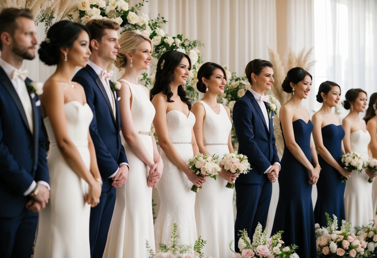 A group of elegantly dressed figures stand in a line, with one figure slightly apart from the rest. They are surrounded by wedding decor and flowers