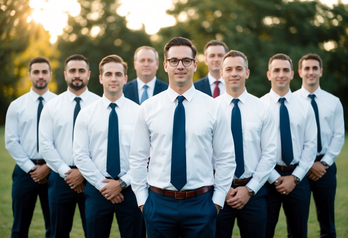 A group of men in formal attire standing together, one slightly separate from the rest