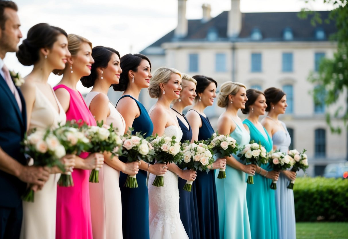 A group of elegantly dressed figures stand in a line, holding bouquets and looking towards a central focal point