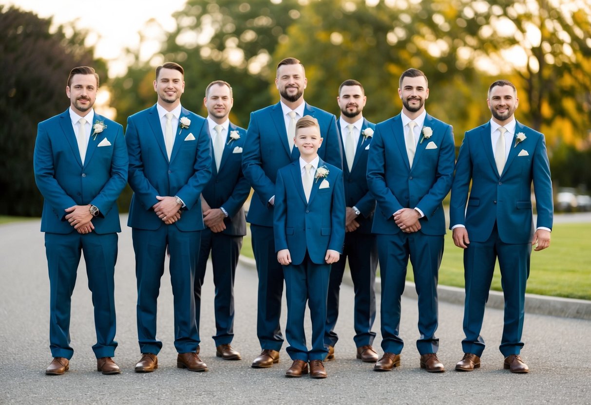 A group of men standing in a line, dressed in matching suits, with one man slightly apart, indicating his role as the groom's son