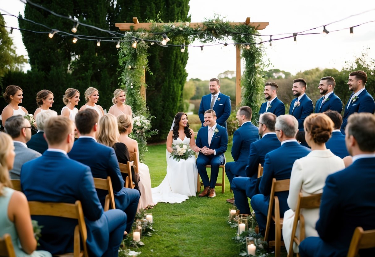 A cozy outdoor ceremony with a small group of guests sitting in a circle surrounded by fairy lights and greenery